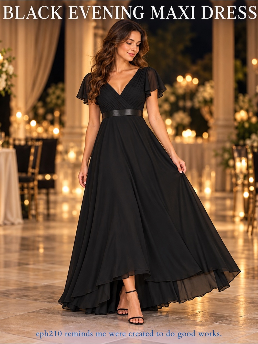 Ever Pretty Black V-Neck Flutter Sleeve Maxi Dress